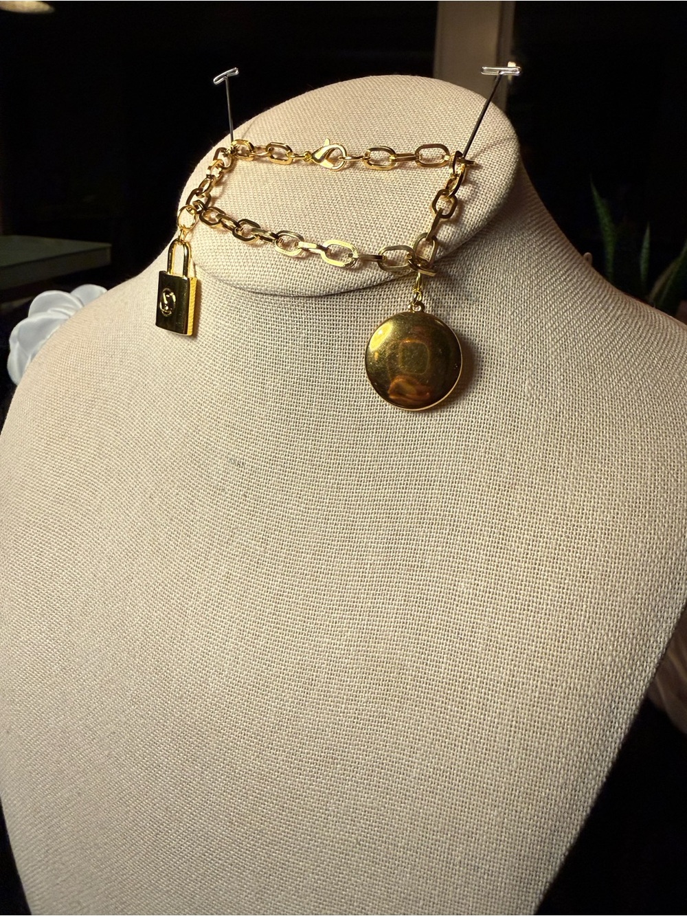 LV Gold Chain Bracelet with Black Logo Disc and Padlock - Picture 3 of 7